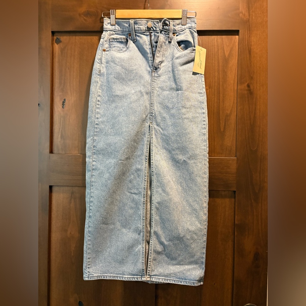Light Blue High-Rise Denim Midi Skirt